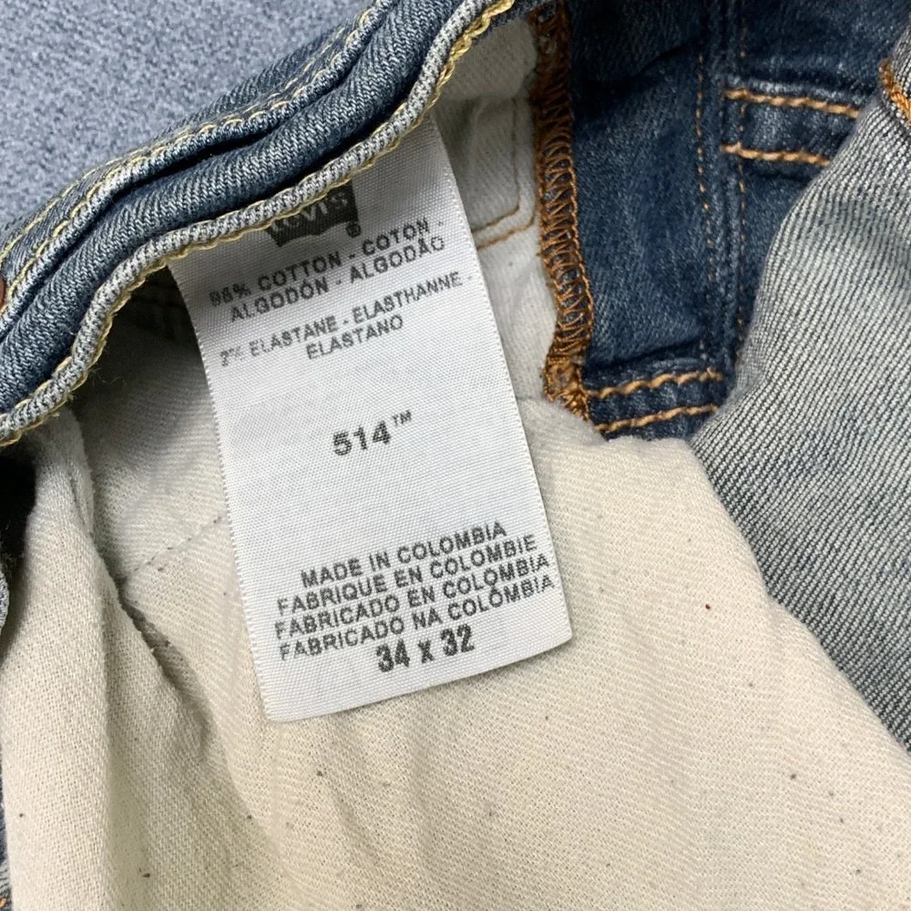 Levi's 514 Jeans Mens 34x32 Blue Whiskering Denim Cotton Stretch Distressed